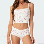Heart Printed Kawaii Lace Trim Camis Micro Shorts Two Pieces Set image 3