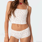 Heart Printed Kawaii Lace Trim Camis Micro Shorts Two Pieces Set image 1