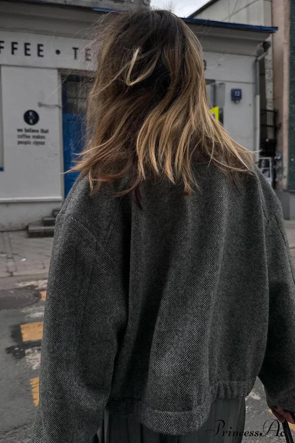 Herringbone Stand Collar Zip Pocket Coat image 3