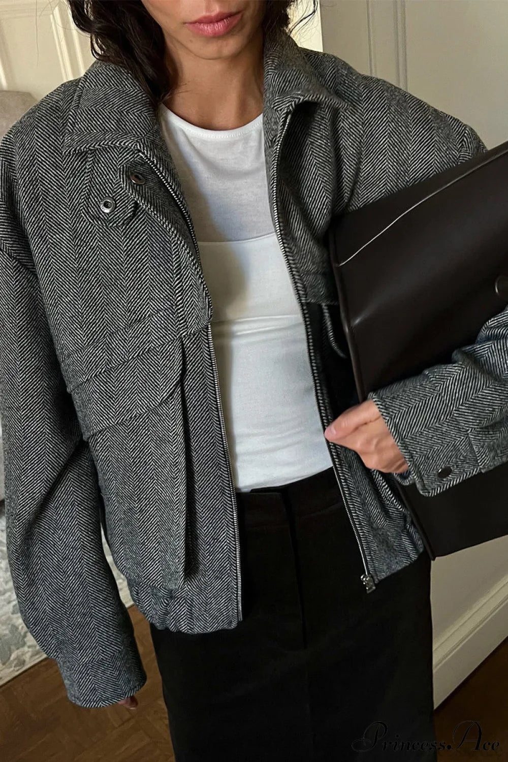 Herringbone Stand Collar Zip Pocket Coat image 2