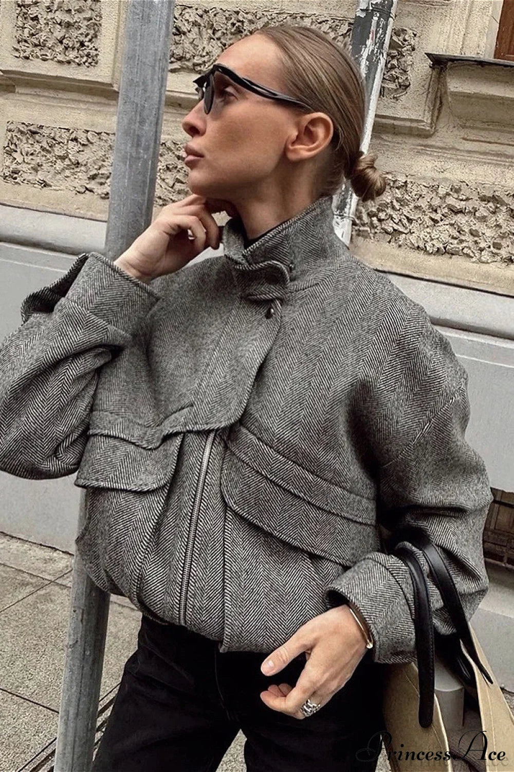 Herringbone Stand Collar Zip Pocket Coat image 1