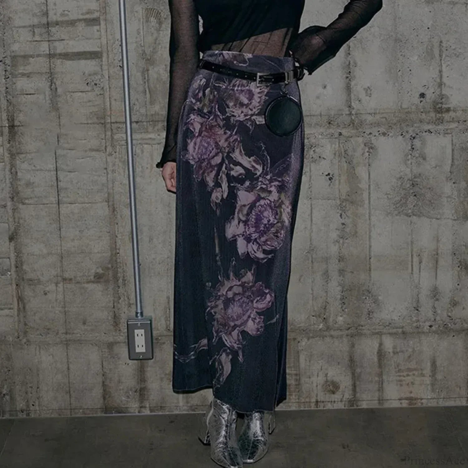 HEYounGIRL Vintage Purple Floral Print Slit Autumn Skirt image 2