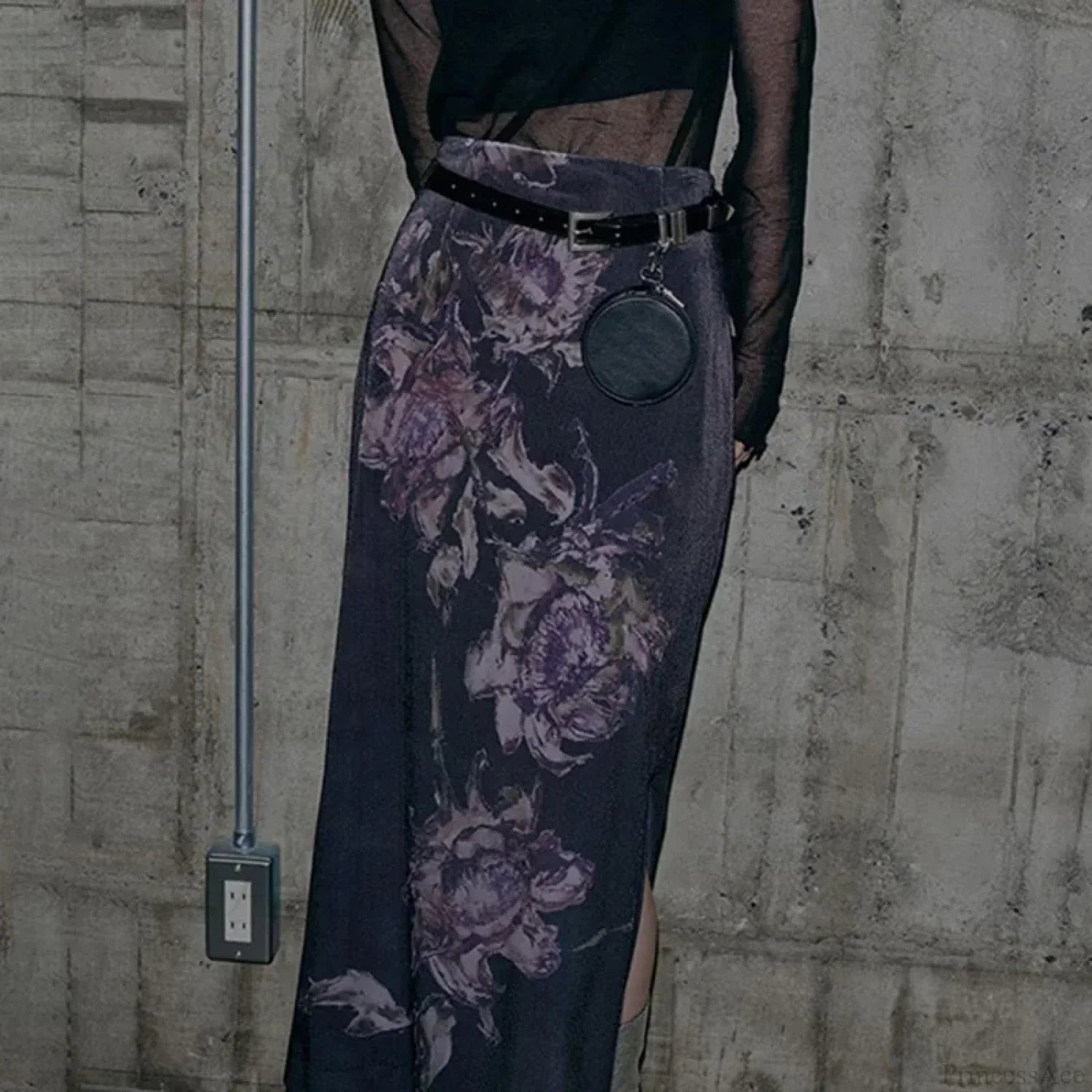 HEYounGIRL Vintage Purple Floral Print Slit Autumn Skirt image 1