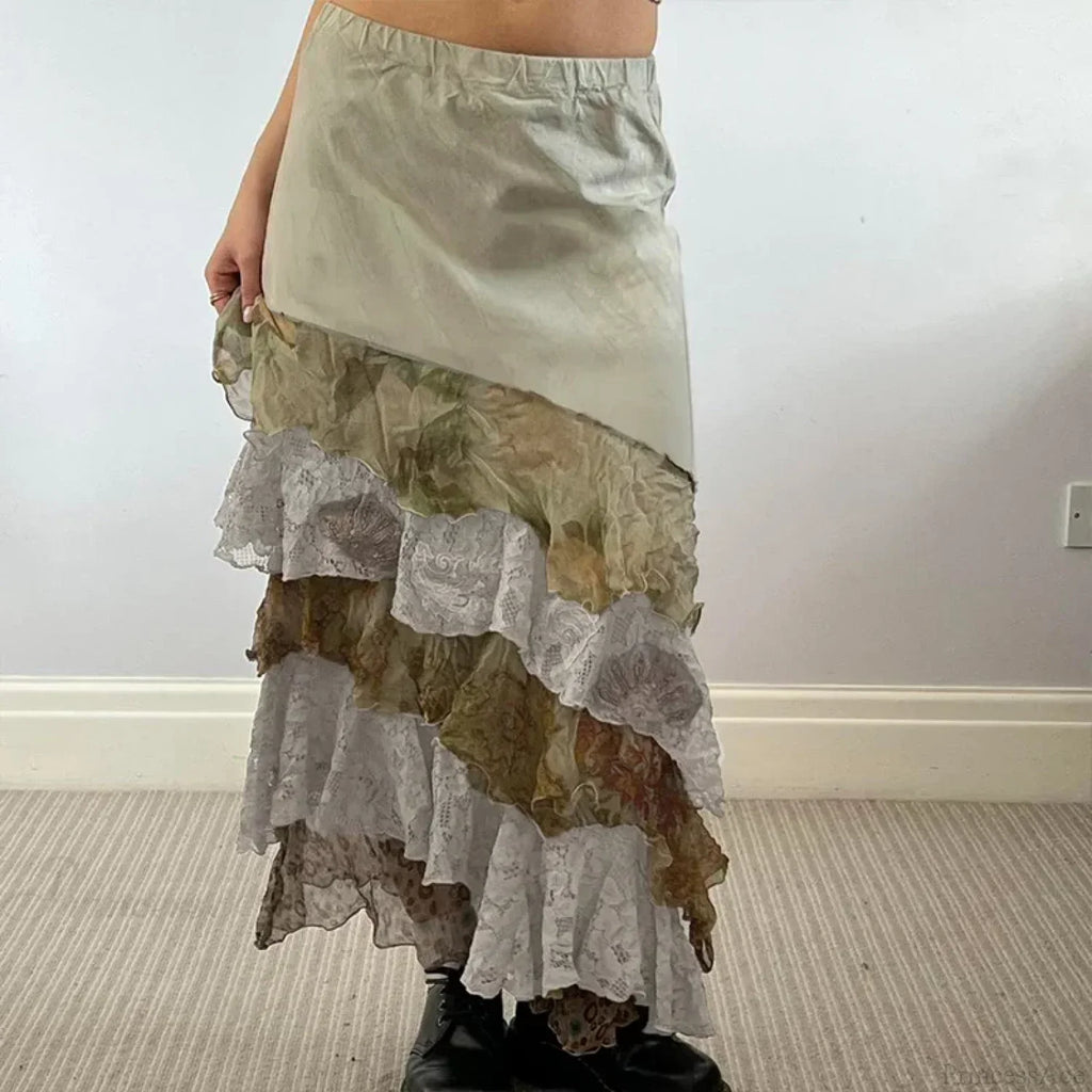 HEYounGIRL Y2K Aesthetic Lace Tiered Irregular Skirt Mori Girl image 1