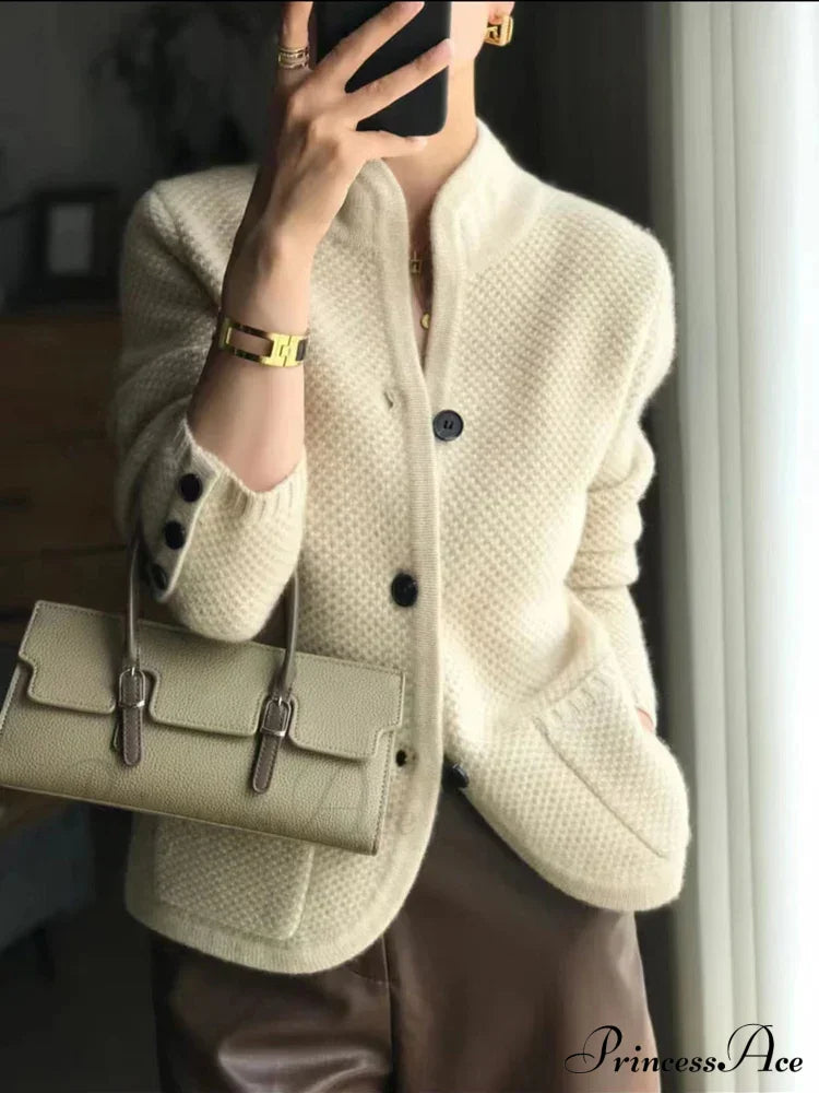 High-end Cashmere Wool Long Sleeve Half Collar Cardigan image 1