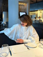 High Neck Fold Bubble Sleeve White Blouse image 1