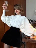 High Neck Fold Bubble Sleeve White Blouse image 2