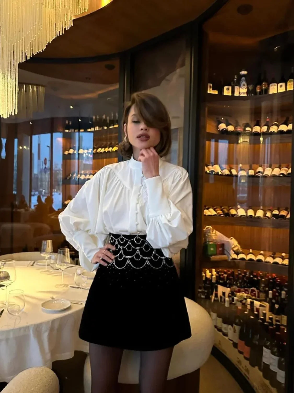 High Neck Fold Bubble Sleeve White Blouse image 3