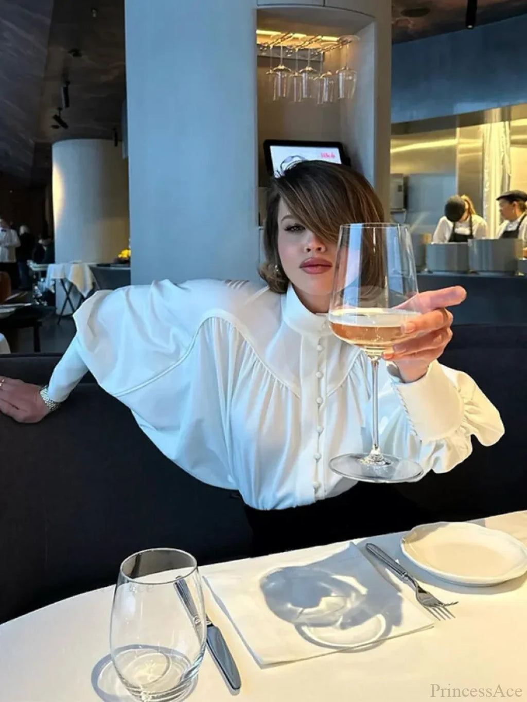 High Neck Fold Bubble Sleeve White Blouse image 4