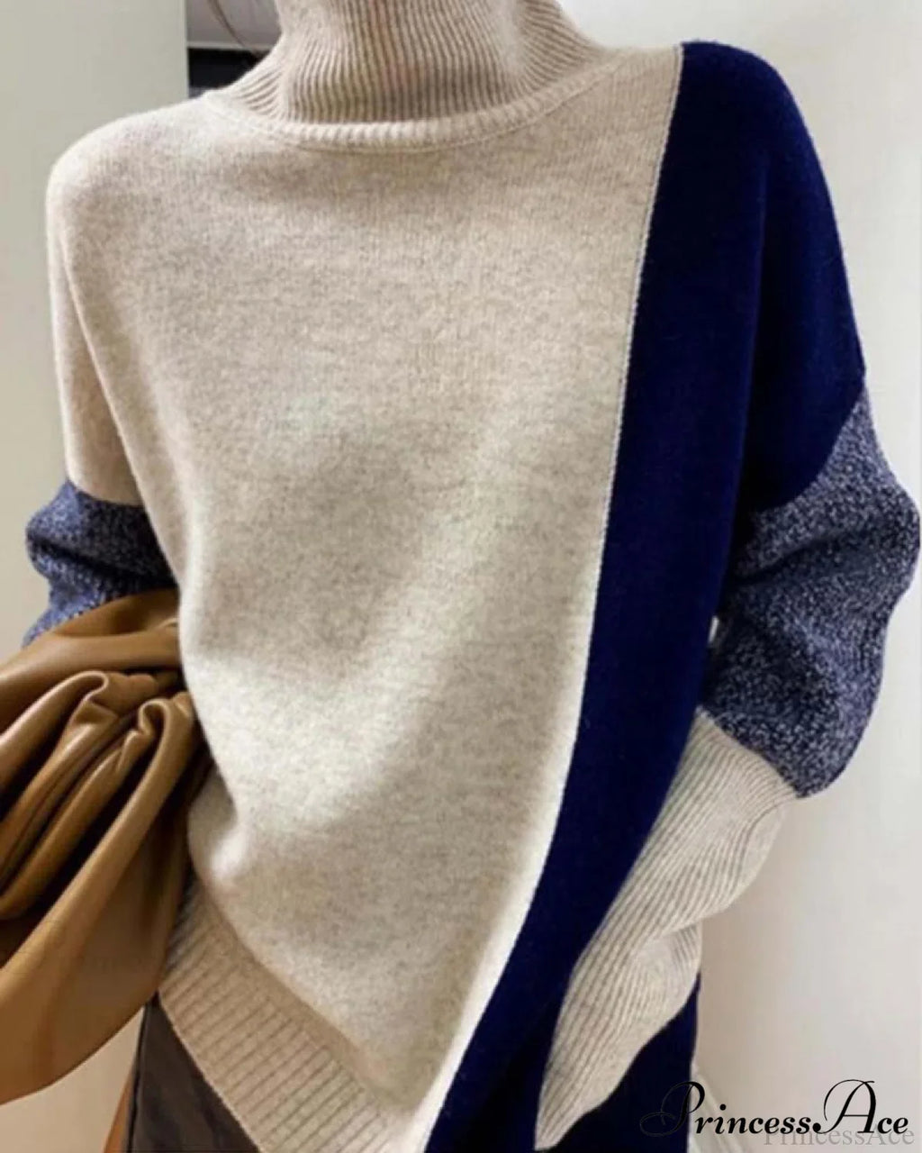 High Neck Loose Oversized Color Block Wool Sweater image 1