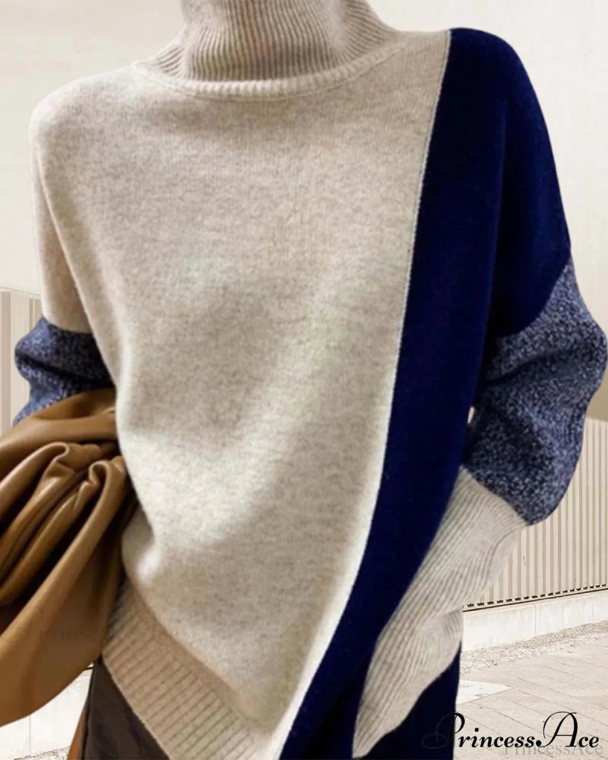 High Neck Loose Oversized Color Block Wool Sweater image 3