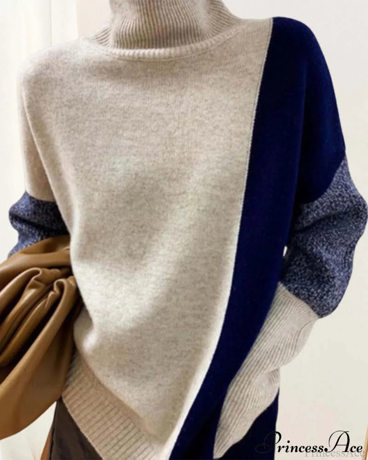 High Neck Loose Oversized Color Block Wool Sweater image 4
