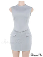 High Neck Solid Top Graceful And Bodycon Mini Skirt Set image 8