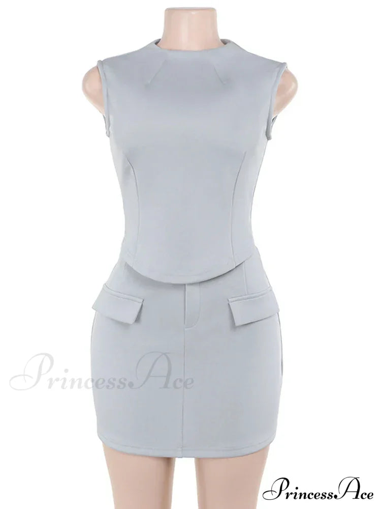 High Neck Solid Top Graceful And Bodycon Mini Skirt Set image 8