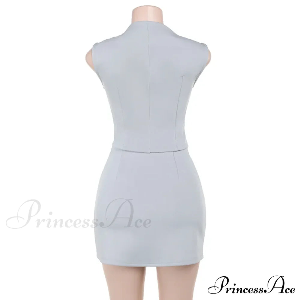 High Neck Solid Top Graceful And Bodycon Mini Skirt Set image 10