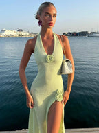 High Slit 3D Flowers Halter Vacation Dress image 2