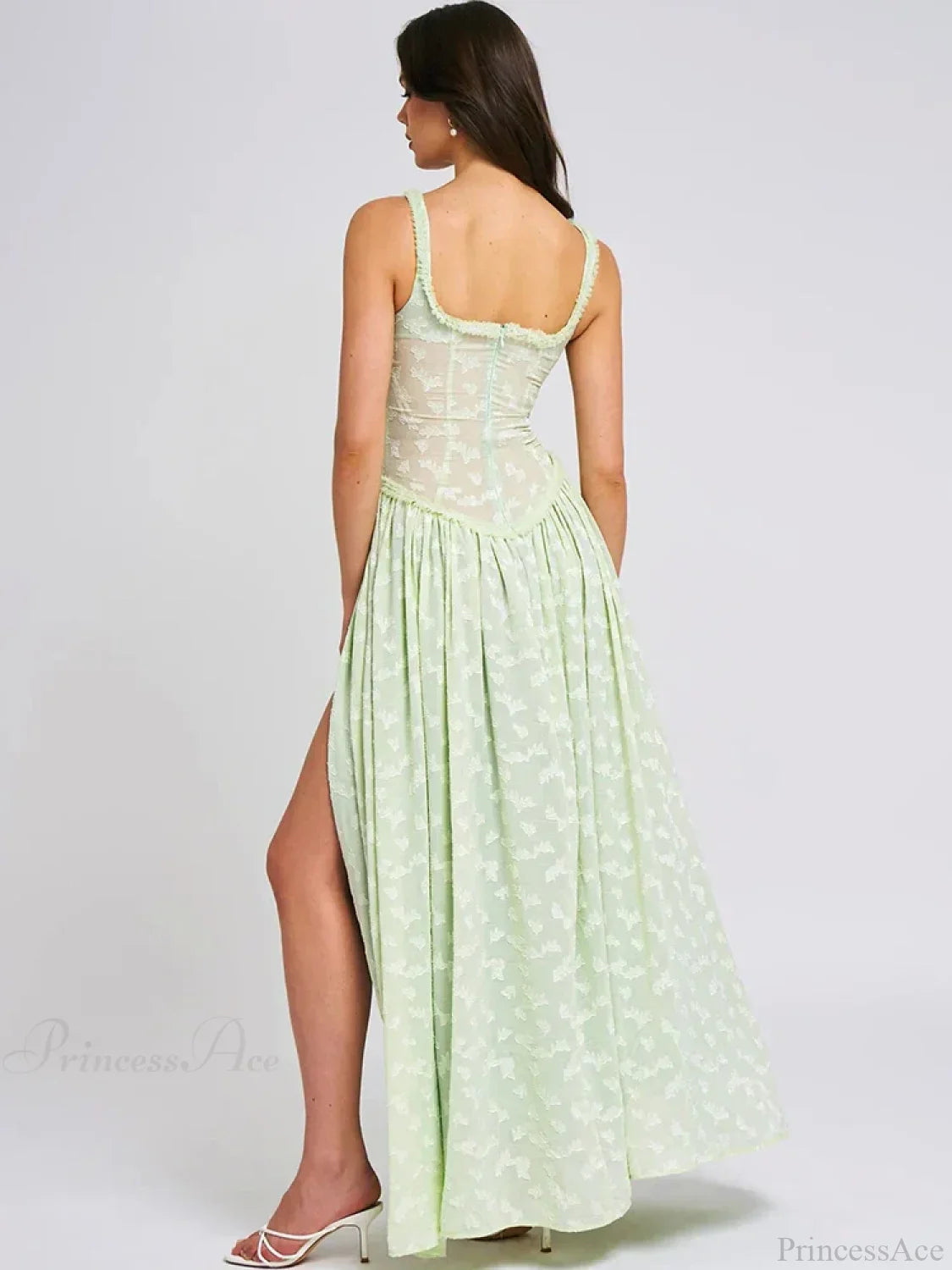 High Slit Square Collar Green Vacation Dress image 3