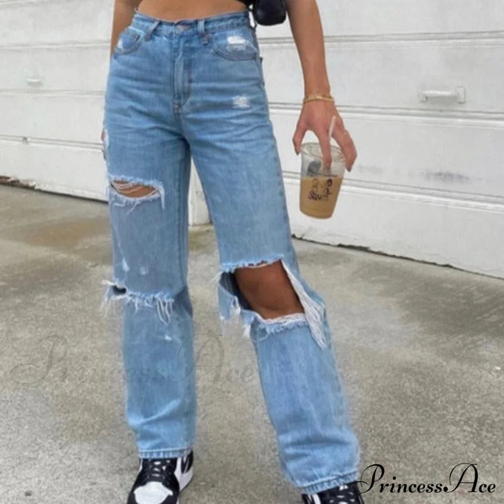 High Straight Leg Baggy Streetwear Waist Pants High Jeans Ripped Boyfriend Women Trousers image 1