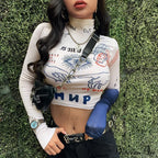 High Street Casual Funny Print Stretch Slim Autumn Crop Top image 5