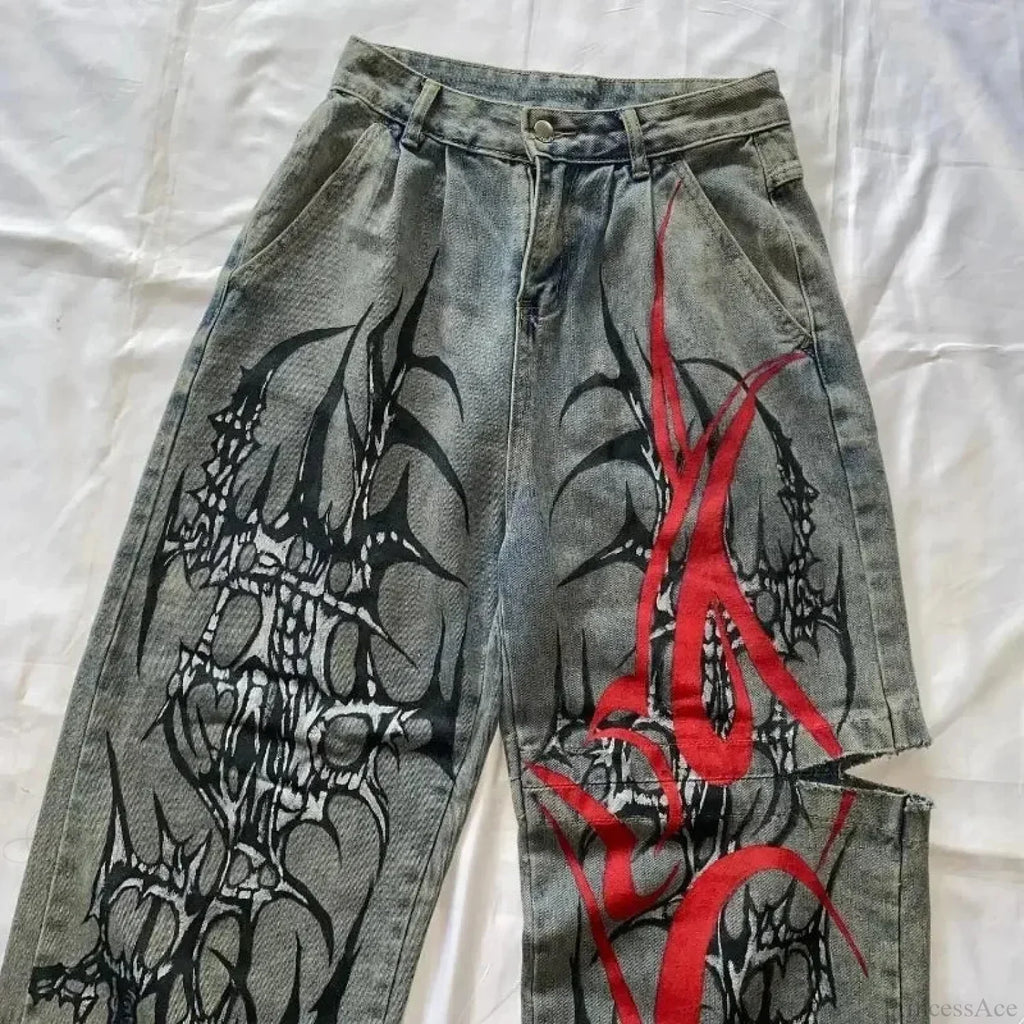 High-Street Printed Wide-Leg Denim Pants image 3