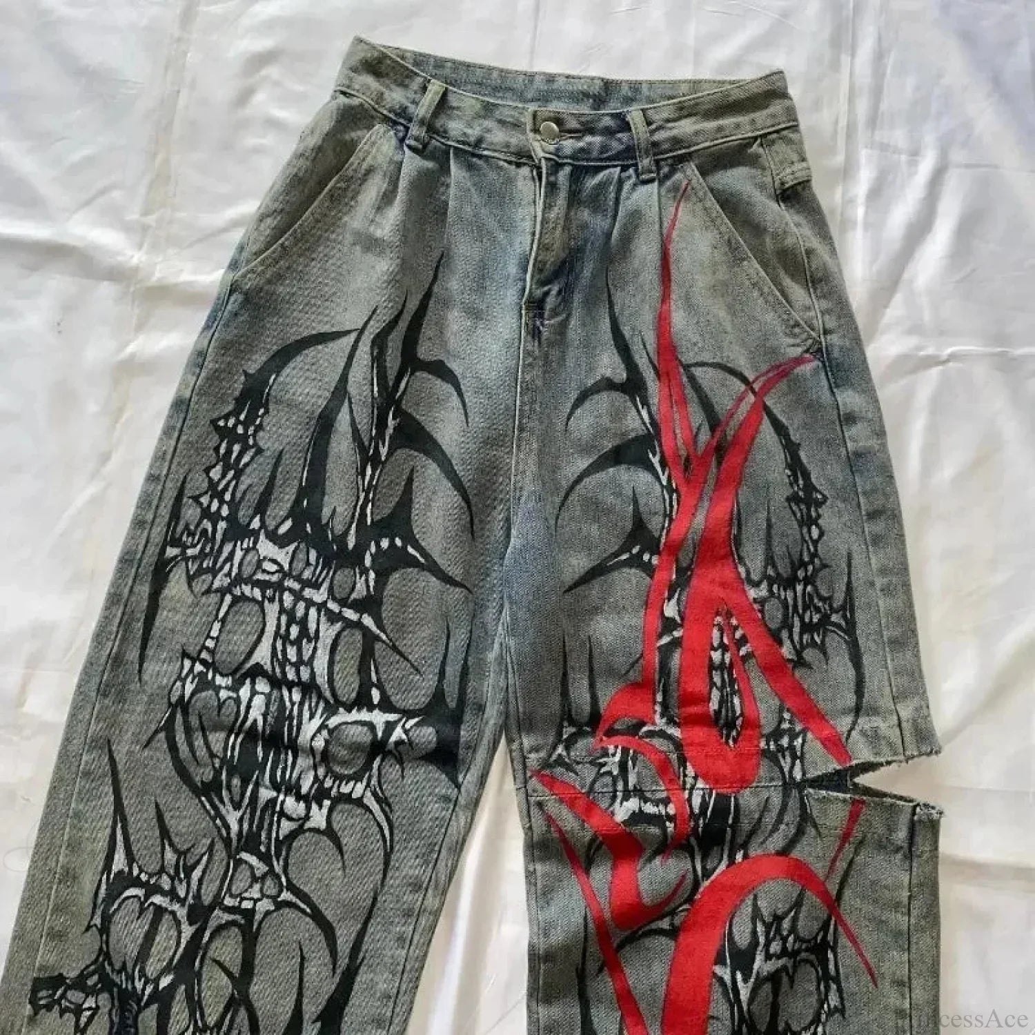 High-Street Printed Wide-Leg Denim Pants image 3
