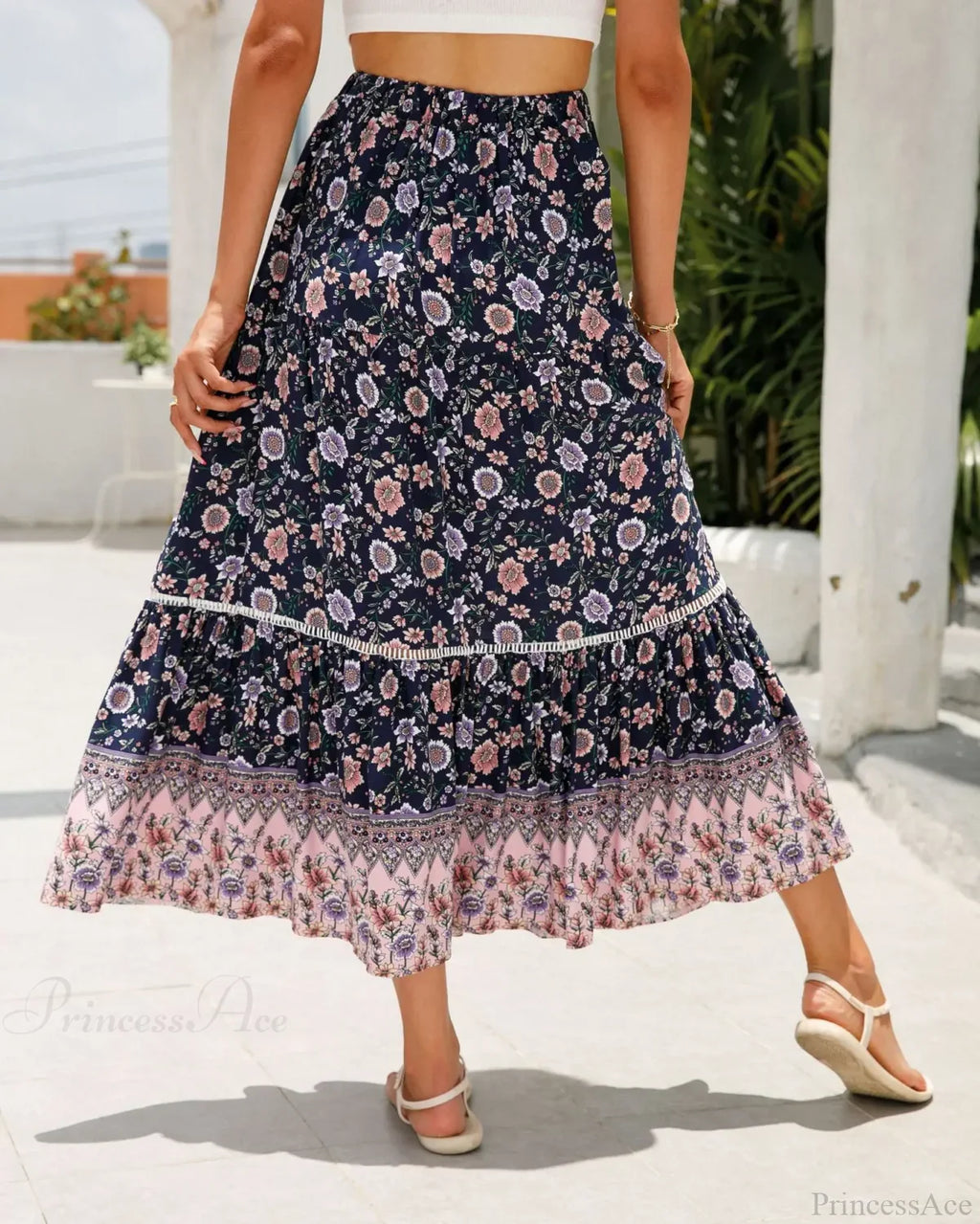 High Waist Floral Beach Skirt A-line Ruffled Lace Holiday Maxi image 6