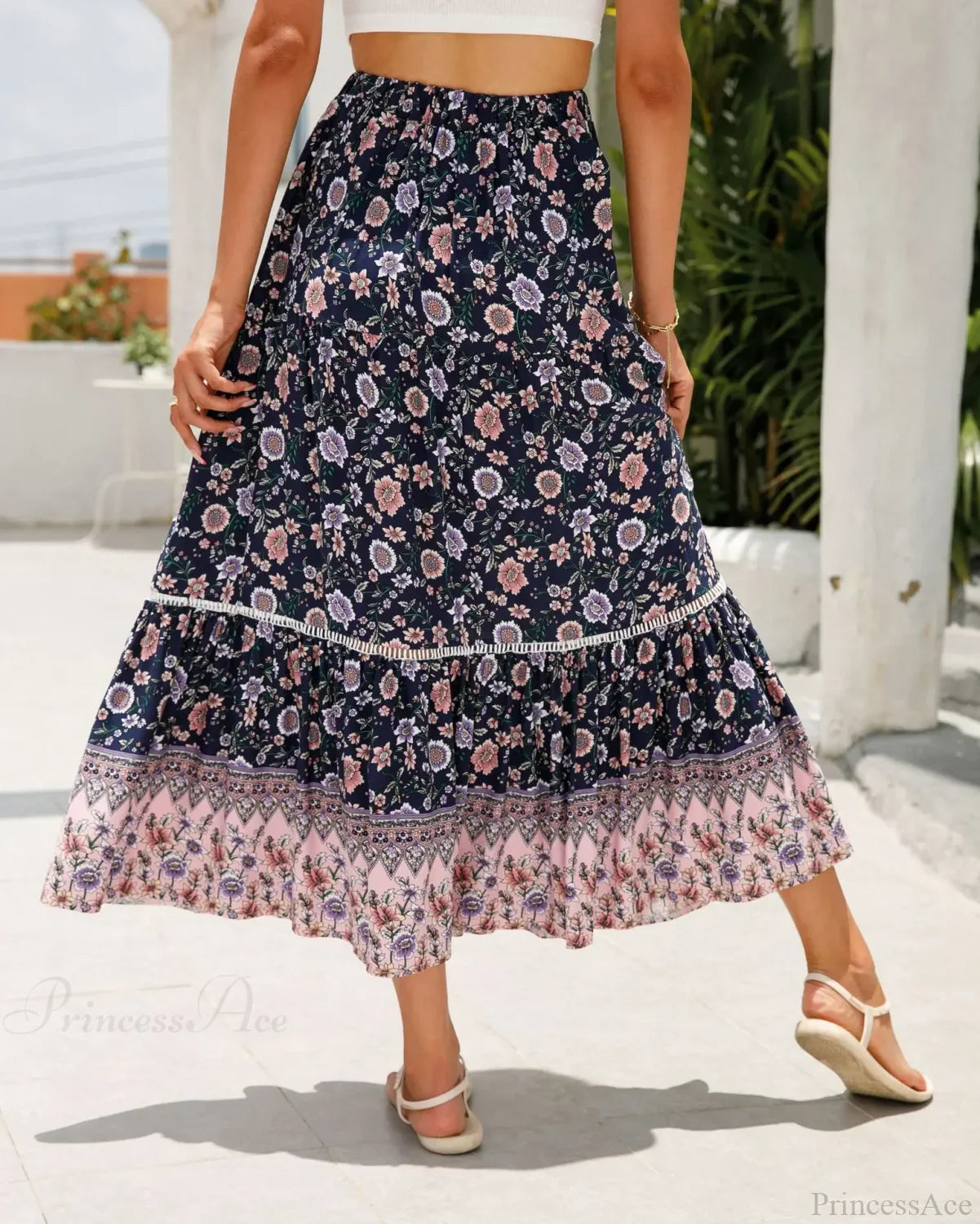 High Waist Floral Beach Skirt A-line Ruffled Lace Holiday Maxi image 6