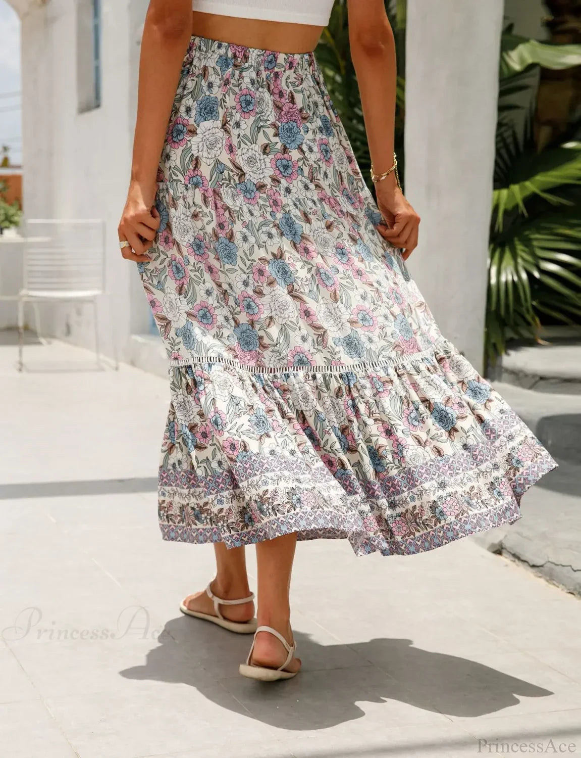 High Waist Floral Beach Skirt A-line Ruffled Lace Holiday Maxi image 3