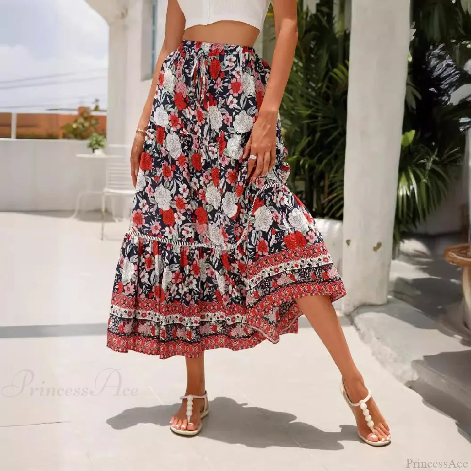 High Waist Floral Beach Skirt A-line Ruffled Lace Holiday Maxi image 4