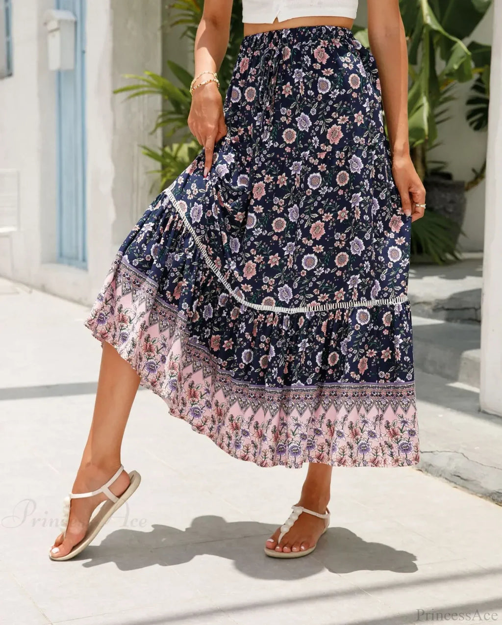 High Waist Floral Beach Skirt A-line Ruffled Lace Holiday Maxi image 5