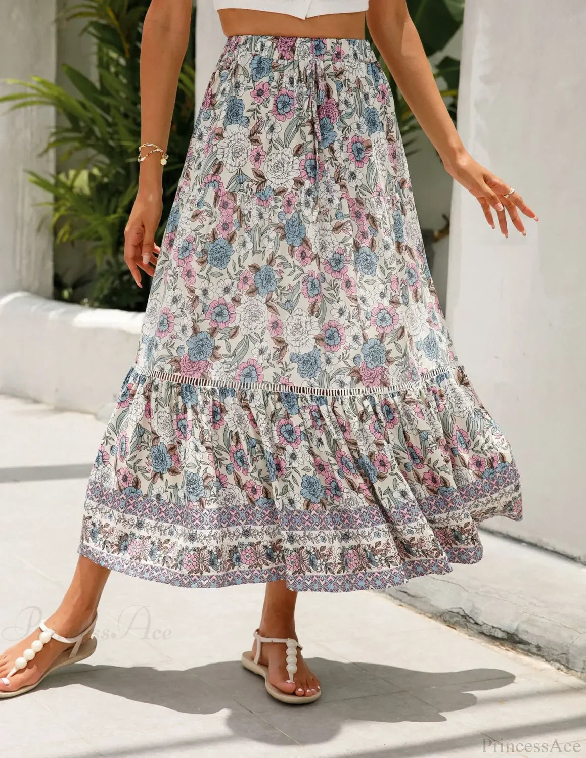 High Waist Floral Beach Skirt A-line Ruffled Lace Holiday Maxi image 1