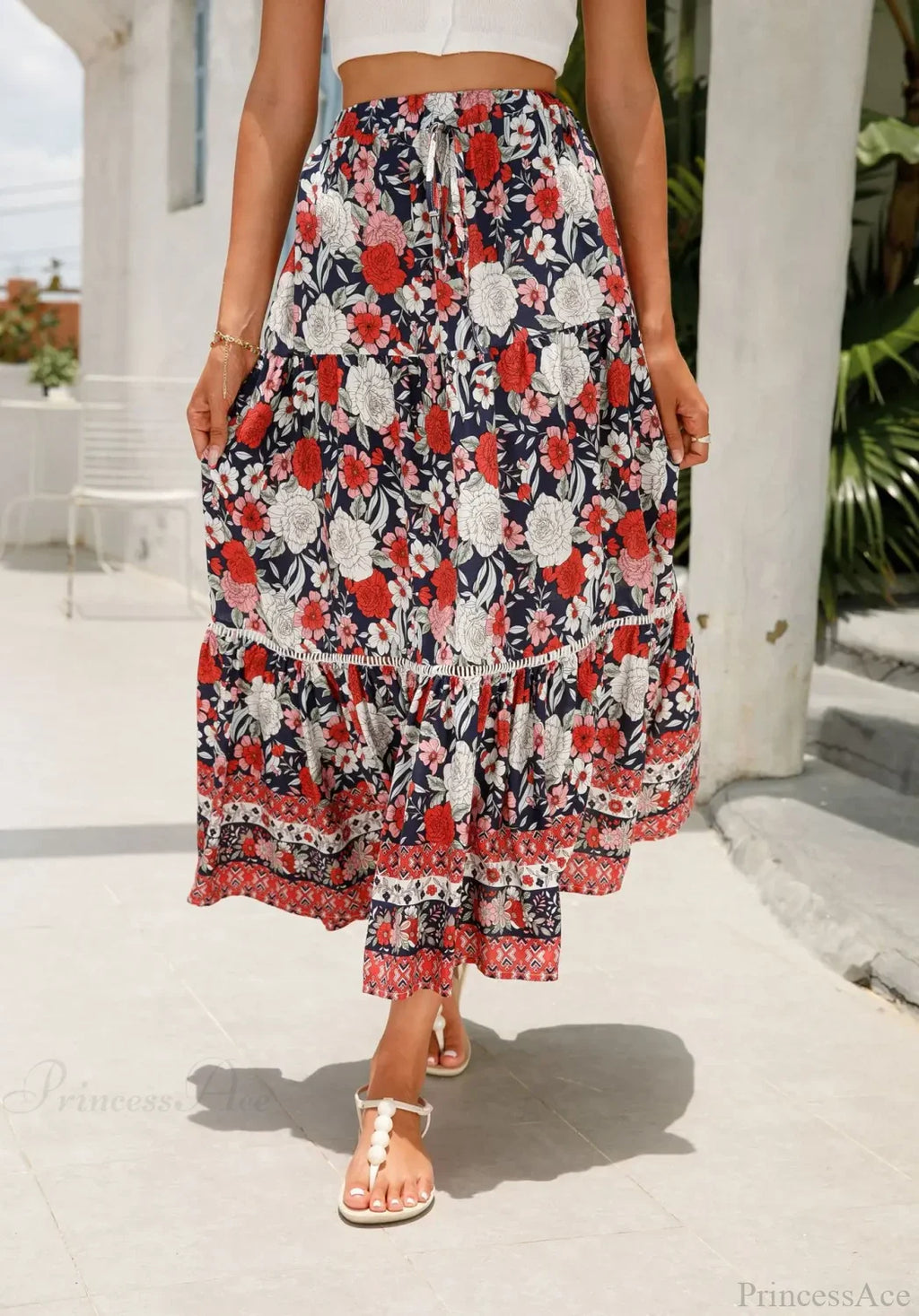 High Waist Floral Beach Skirt A-line Ruffled Lace Holiday Maxi image 9