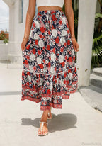 High Waist Floral Beach Skirt A-line Ruffled Lace Holiday Maxi image 9