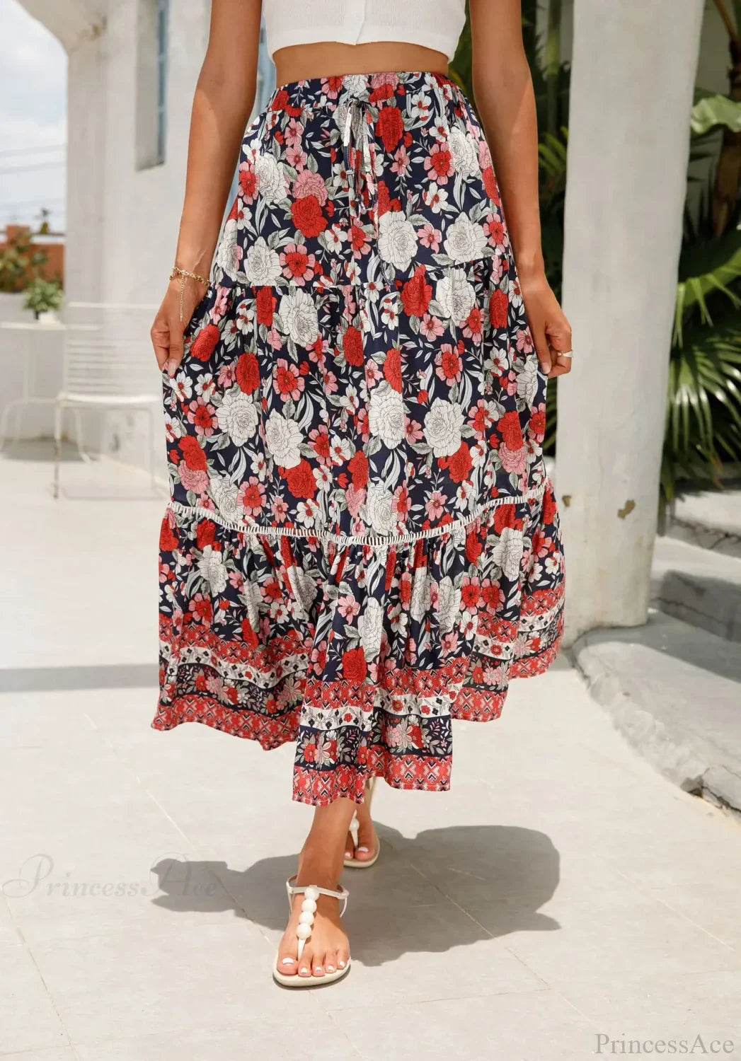High Waist Floral Beach Skirt A-line Ruffled Lace Holiday Maxi image 9