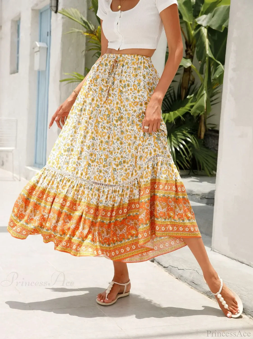 High Waist Floral Beach Skirt A-line Ruffled Lace Holiday Maxi image 7