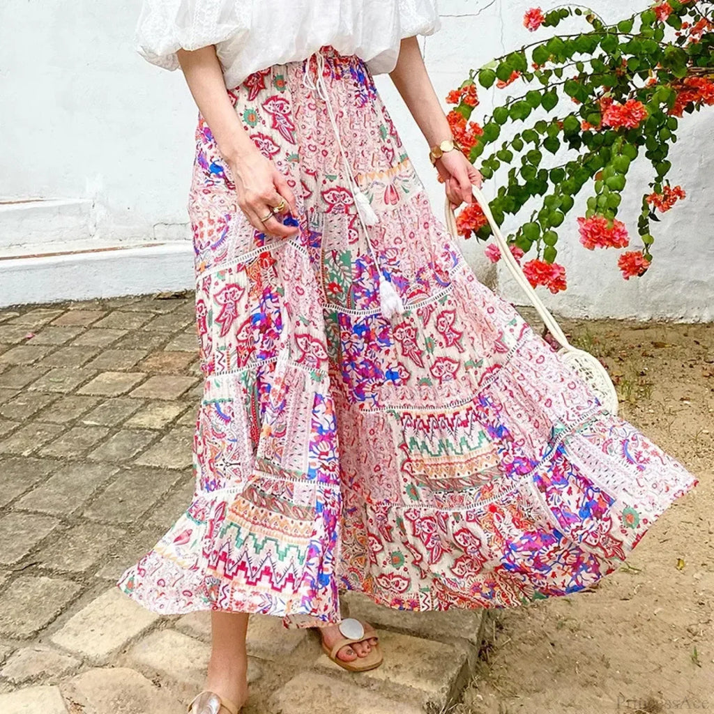 High Waist Floral Beach Skirt Lace Patchwork Chic Cotton Maxi image 2