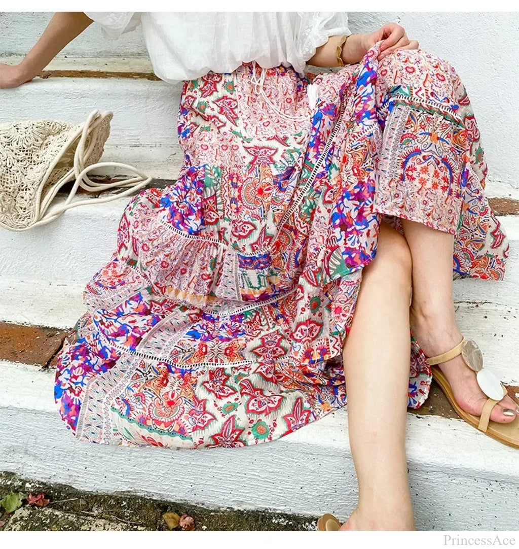 High Waist Floral Beach Skirt Lace Patchwork Chic Cotton Maxi image 4