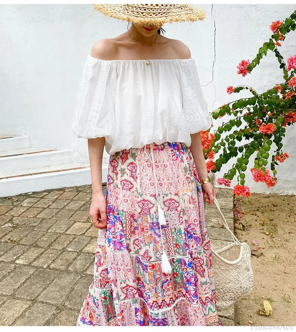 High Waist Floral Beach Skirt Lace Patchwork Chic Cotton Maxi image 5