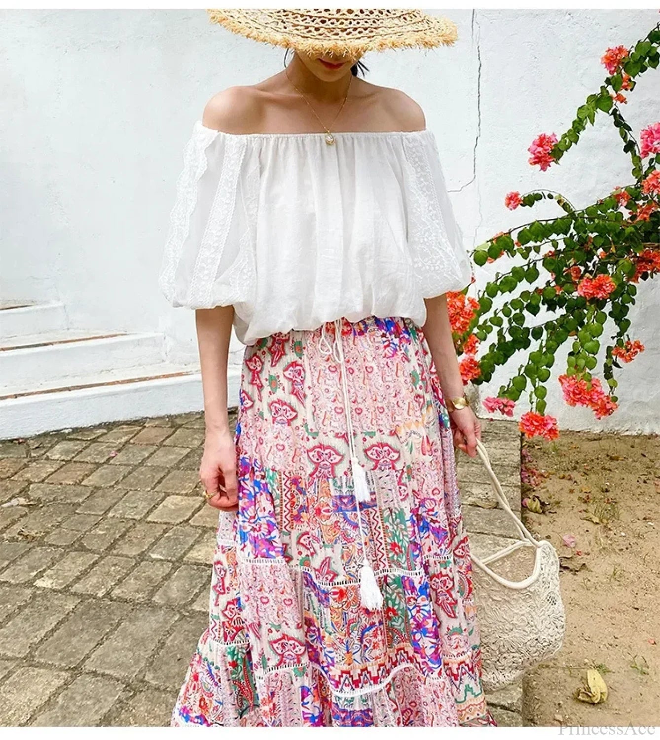 High Waist Floral Beach Skirt Lace Patchwork Chic Cotton Maxi image 5
