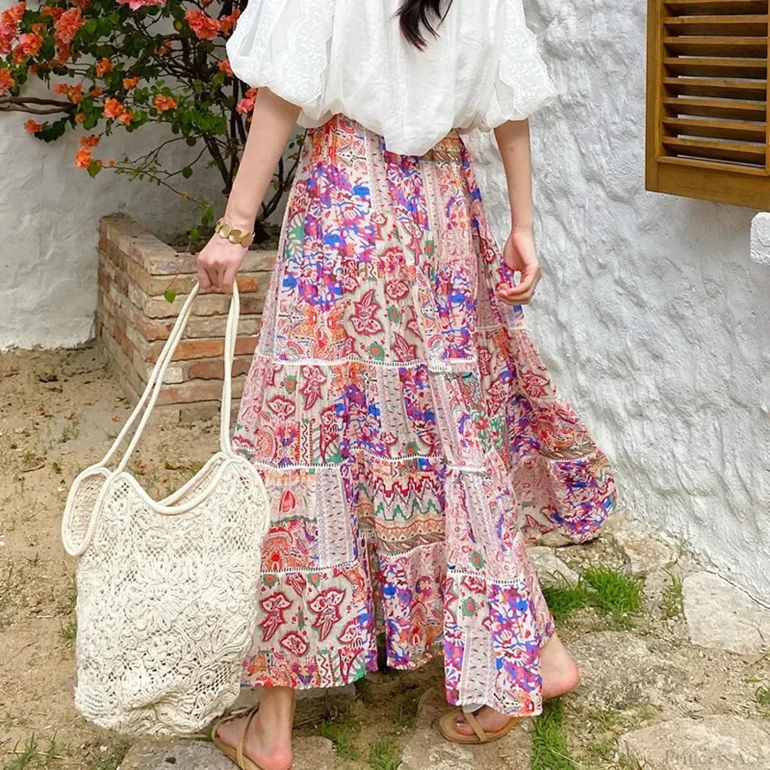 High Waist Floral Beach Skirt Lace Patchwork Chic Cotton Maxi image 3
