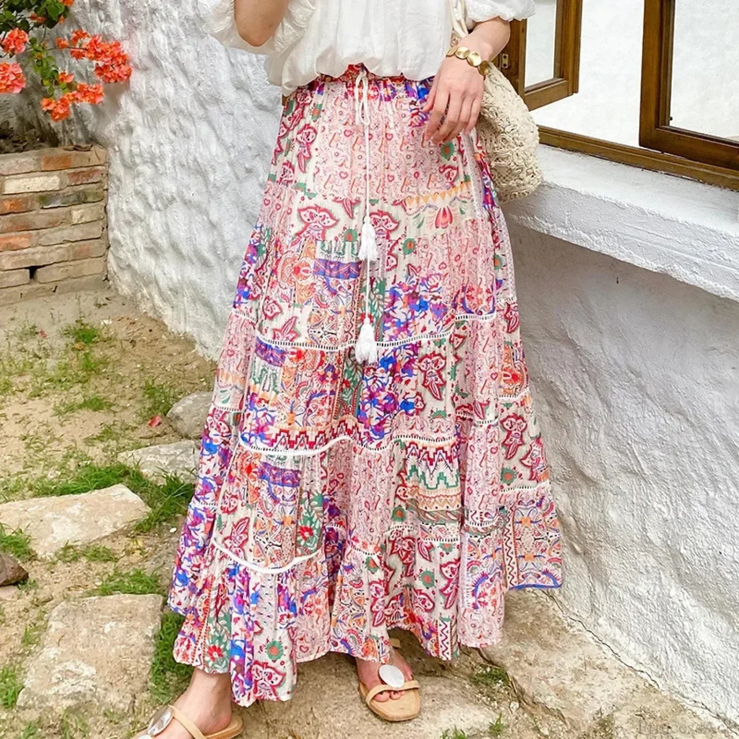 High Waist Floral Beach Skirt Lace Patchwork Chic Cotton Maxi image 1