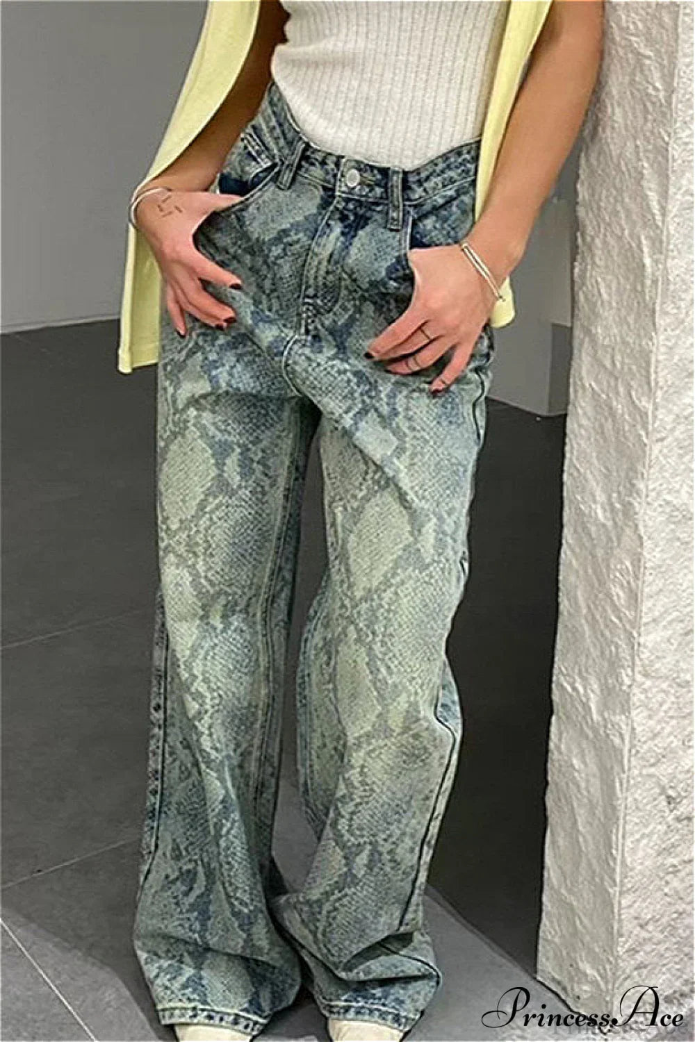 High Waist Snake Print Washed Straight Jeans image 1