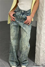 High Waist Snake Print Washed Straight Jeans image 1