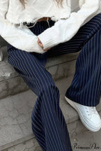 High Waist Straight Wide Leg Navy Stripe Pants image 4