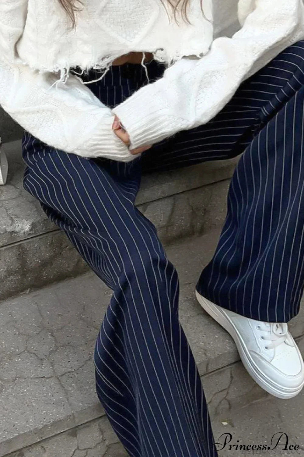 High Waist Straight Wide Leg Navy Stripe Pants image 4