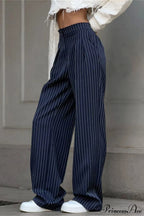 High Waist Straight Wide Leg Navy Stripe Pants image 2