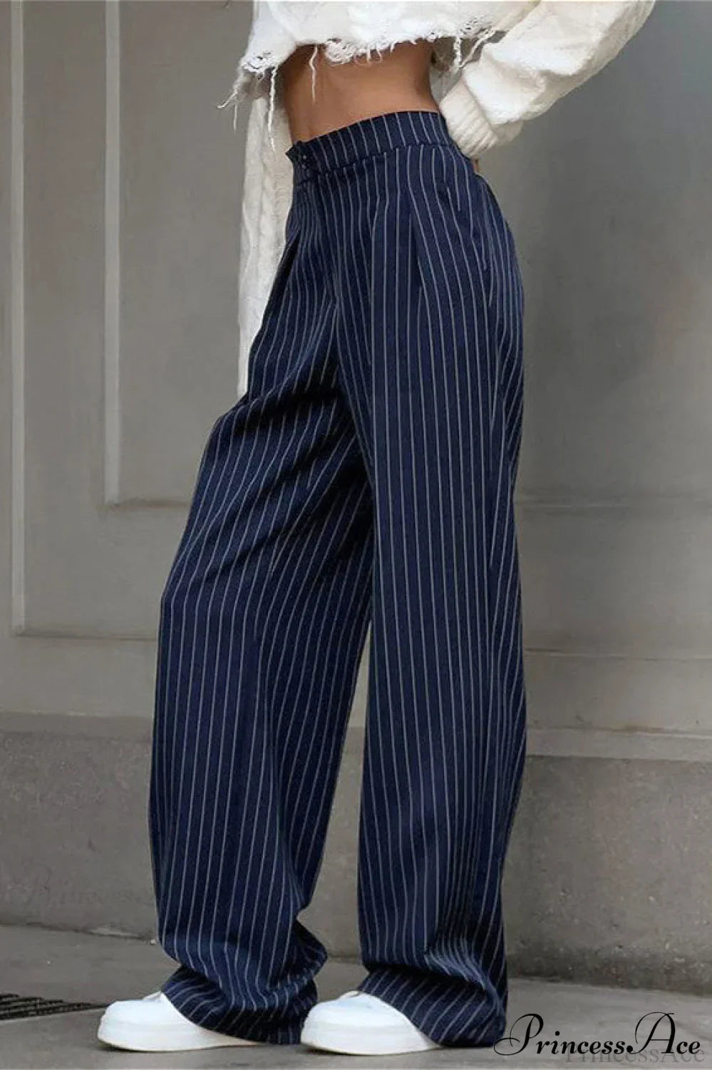 High Waist Straight Wide Leg Navy Stripe Pants image 2