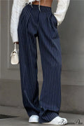 High Waist Straight Wide Leg Navy Stripe Pants image 1