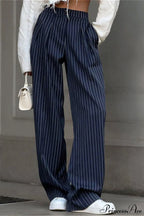 High Waist Straight Wide Leg Navy Stripe Pants image 1