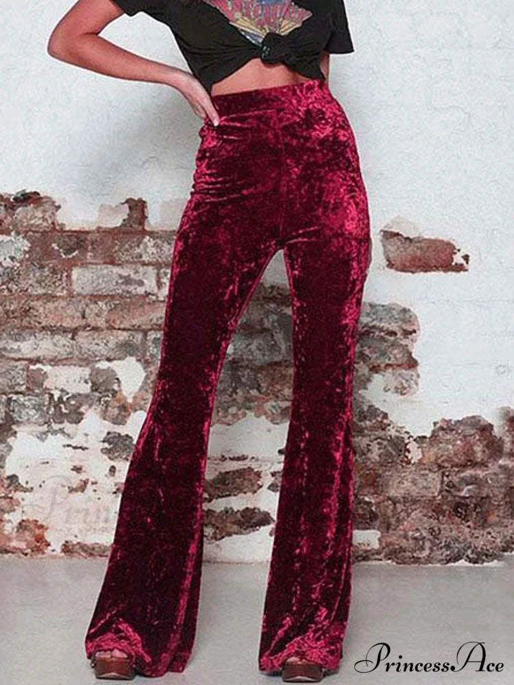 High Waist Velvet Wide Leg Velour Flare Pants image 4